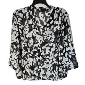 Investments II Womens Black and White Floral Sheer Blouse Button Down Sz 24W